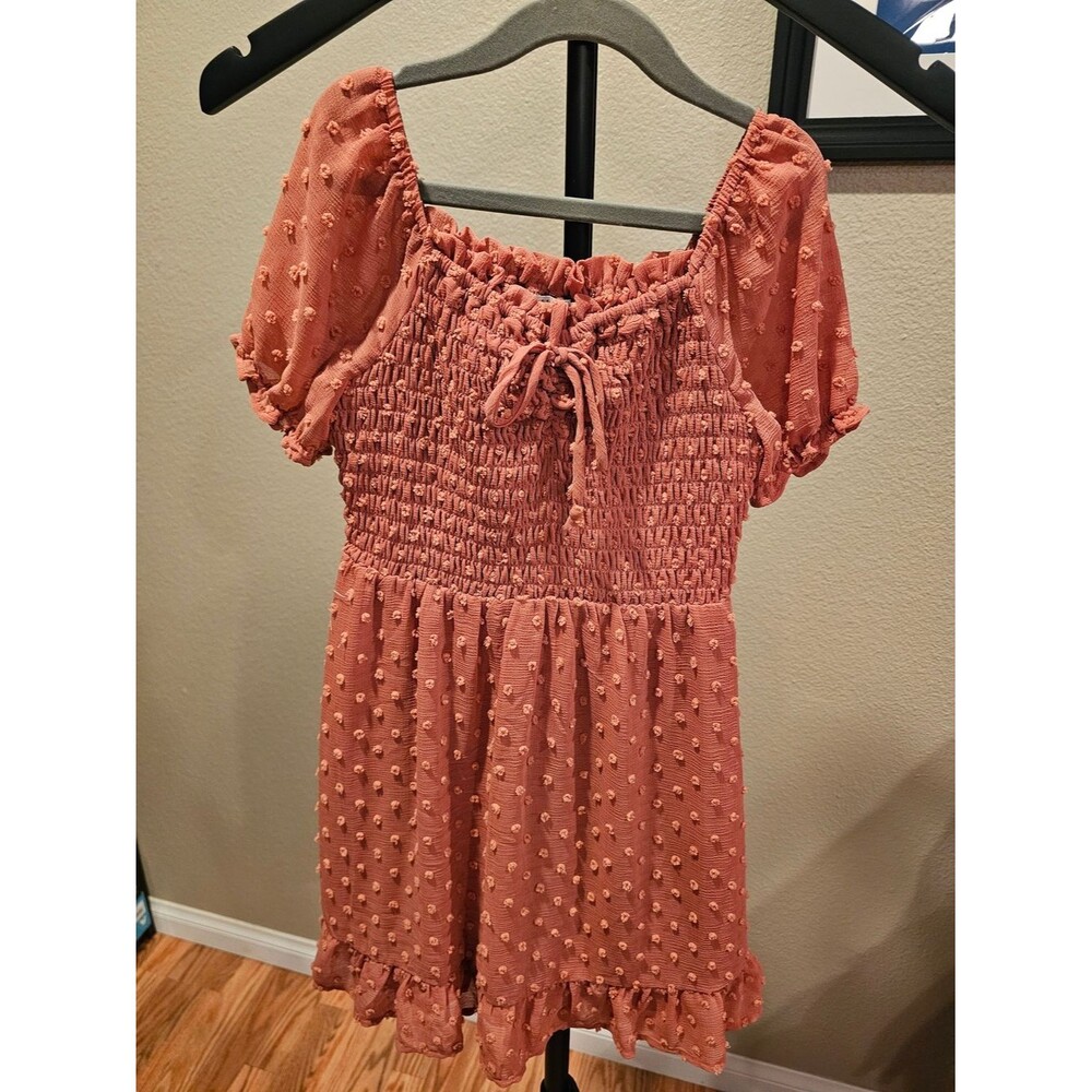 Girl's Textured Swiss Dot Smocked Mini Dress - Coral Pink